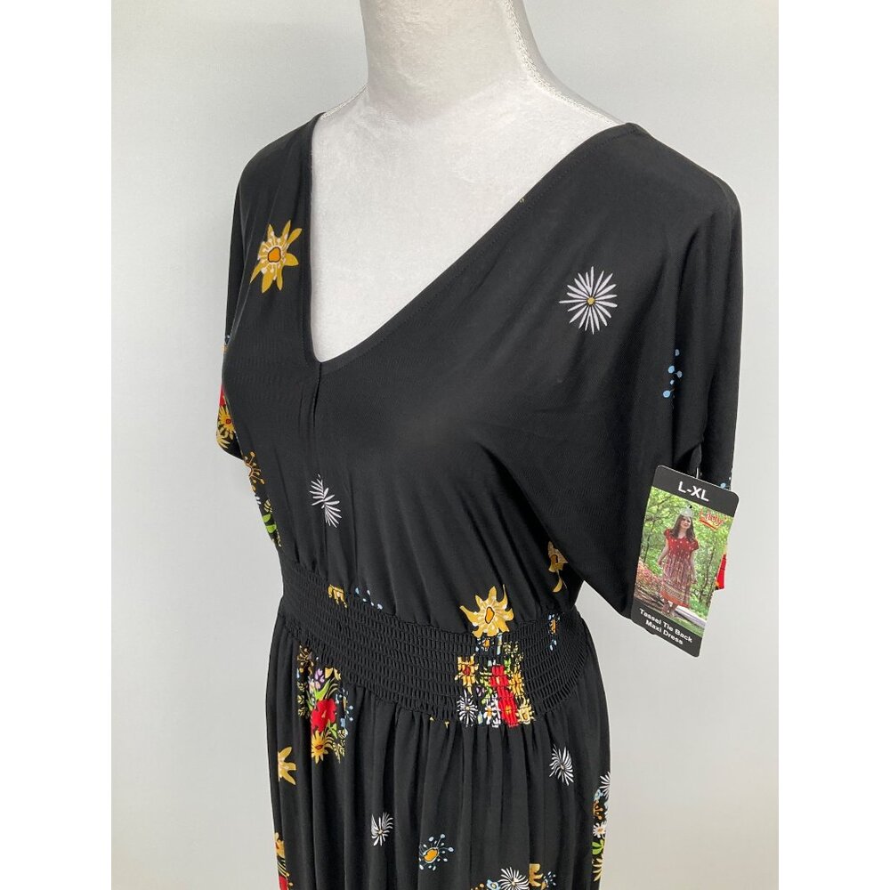 Lildy New Size L/XL Tassel Tie Back Maxi Dress Black Floral Boho - Picture 3 of 10